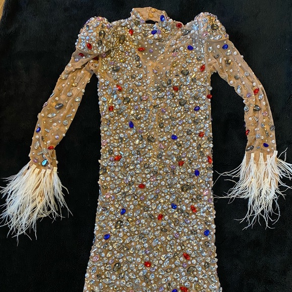 Nude Mesh Feather Rhinestone Bodycon Mini Dress - Picture 2 of 5